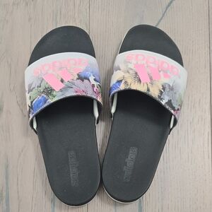 Adidas Black Floral Slides with Pink Logo